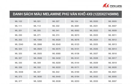 Danh sách màu Melamine ép trên ván khổ 4x9 (1220x2745mm)